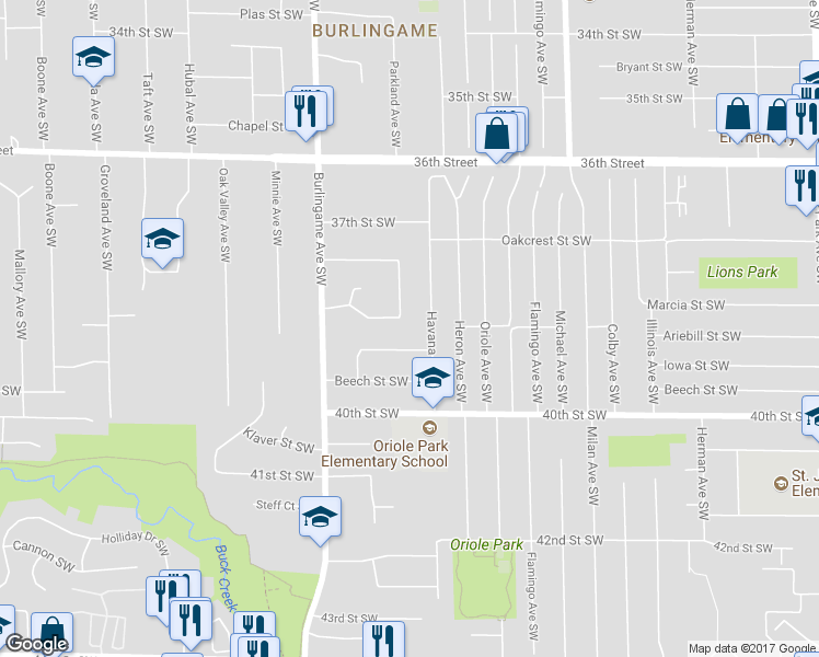 map of restaurants, bars, coffee shops, grocery stores, and more near 3830 Parkland Avenue Southwest in Wyoming