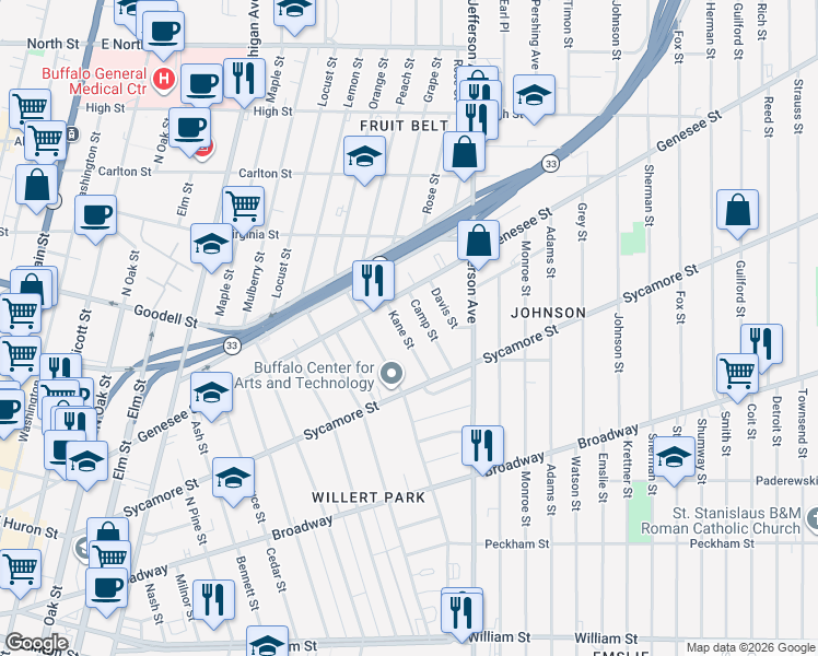 map of restaurants, bars, coffee shops, grocery stores, and more near 61 Kane St in Buffalo