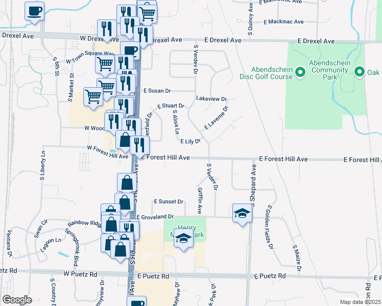 map of restaurants, bars, coffee shops, grocery stores, and more near 360 East Forest Hill Avenue in Oak Creek