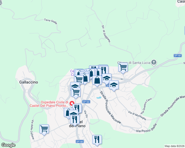 map of restaurants, bars, coffee shops, grocery stores, and more near 12 Via della Penna in Castel del Piano