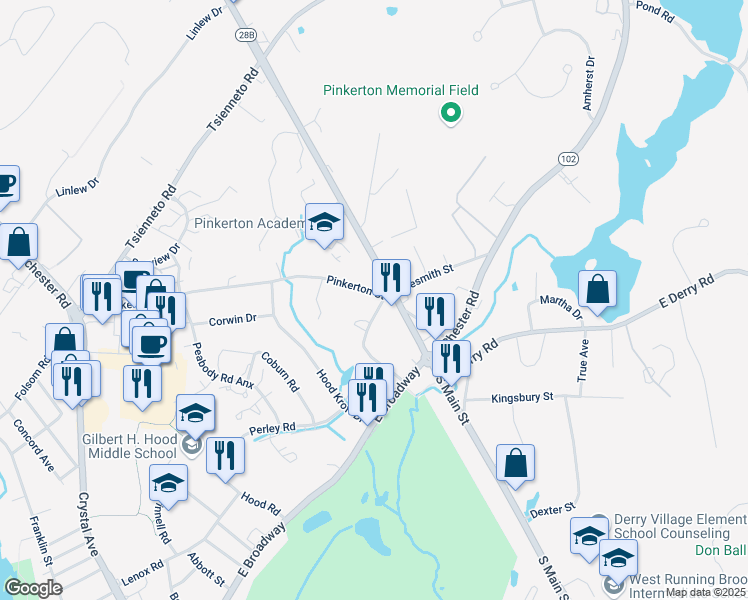 map of restaurants, bars, coffee shops, grocery stores, and more near 22 Crescent Street in Derry