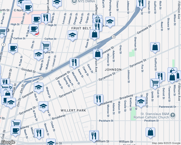 map of restaurants, bars, coffee shops, grocery stores, and more near 26 Davis Street in Buffalo