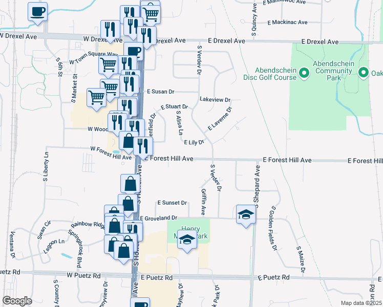 map of restaurants, bars, coffee shops, grocery stores, and more near 360 East Forest Hill Avenue in Oak Creek