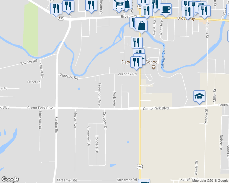 map of restaurants, bars, coffee shops, grocery stores, and more near 35 Park Avenue in Depew