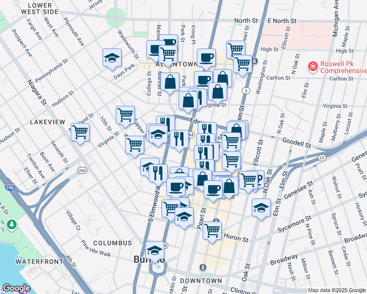 map of restaurants, bars, coffee shops, grocery stores, and more near 354 Delaware Avenue in Buffalo