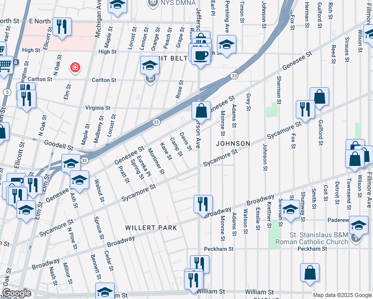 map of restaurants, bars, coffee shops, grocery stores, and more near 26 Davis Street in Buffalo