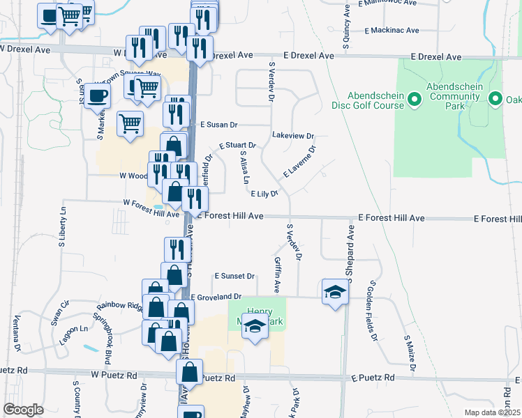 map of restaurants, bars, coffee shops, grocery stores, and more near 360 East Forest Hill Avenue in Oak Creek