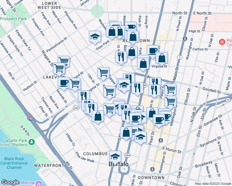 map of restaurants, bars, coffee shops, grocery stores, and more near 294 Carolina Street in Buffalo
