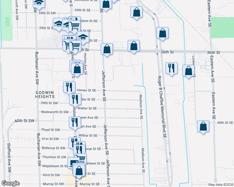 map of restaurants, bars, coffee shops, grocery stores, and more near 304 Himes Street Southeast in Grand Rapids