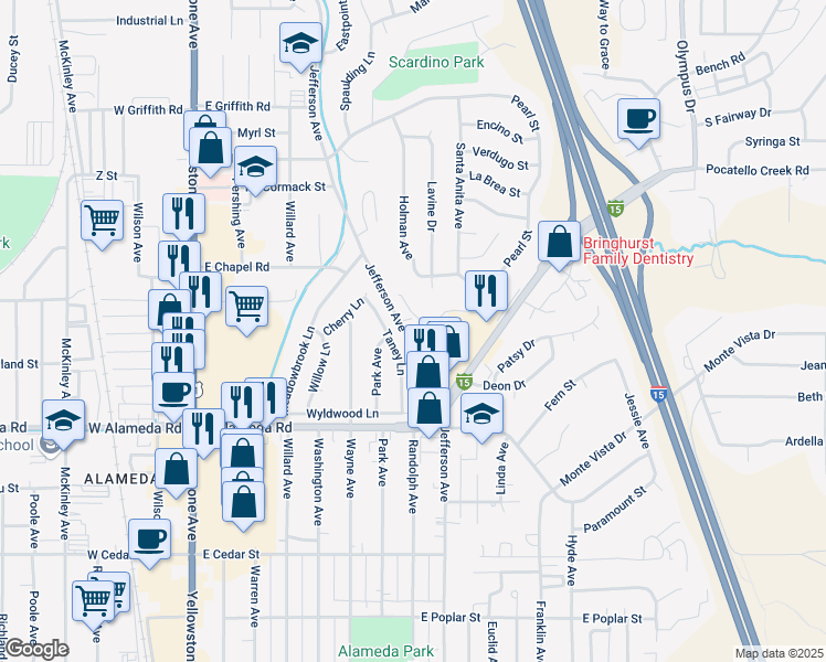 map of restaurants, bars, coffee shops, grocery stores, and more near 1040 Hiline Road in Pocatello