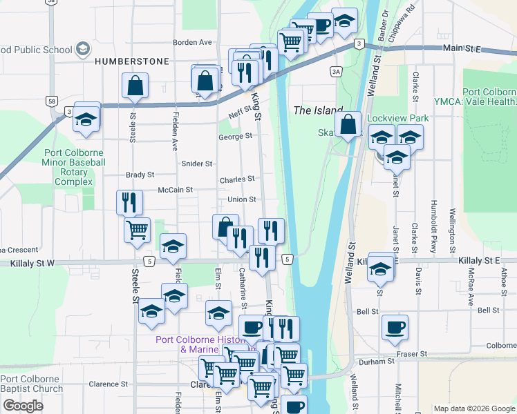 map of restaurants, bars, coffee shops, grocery stores, and more near 620 King Street in Port Colborne