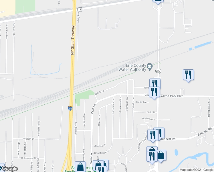 map of restaurants, bars, coffee shops, grocery stores, and more near 27 Sandy Lane in Buffalo