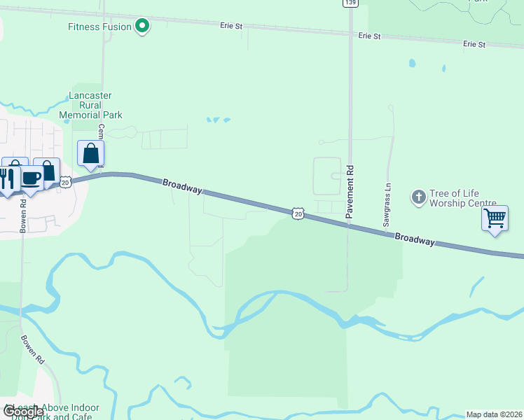 map of restaurants, bars, coffee shops, grocery stores, and more near 5987 Broadway in Lancaster