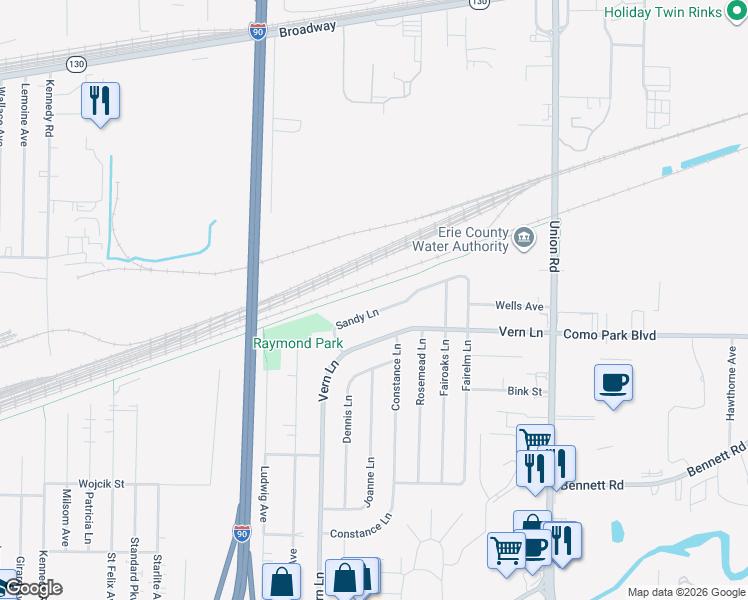 map of restaurants, bars, coffee shops, grocery stores, and more near 27 Sandy Lane in Buffalo