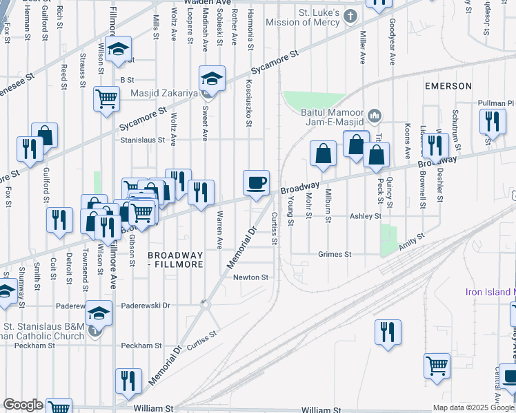 map of restaurants, bars, coffee shops, grocery stores, and more near 46 Brighton Avenue in Buffalo