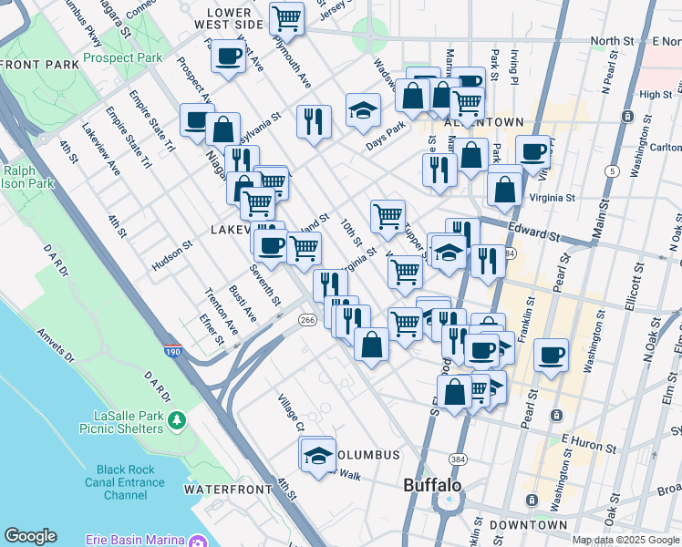 map of restaurants, bars, coffee shops, grocery stores, and more near 181 Prospect Avenue in Buffalo