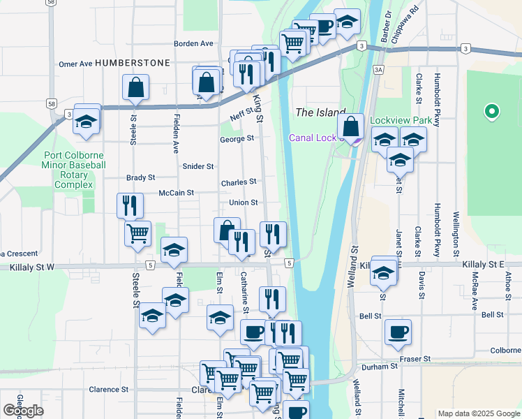 map of restaurants, bars, coffee shops, grocery stores, and more near in Port Colborne