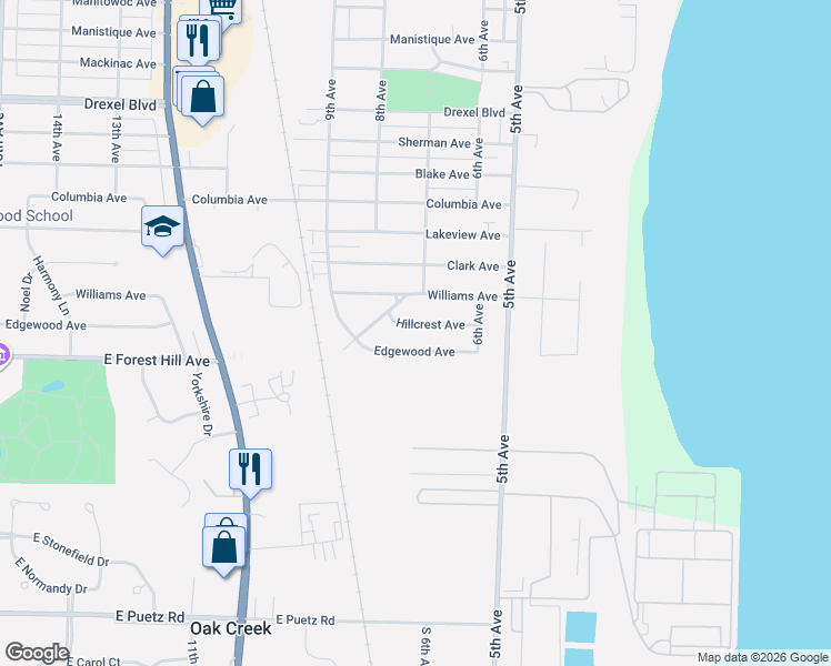 map of restaurants, bars, coffee shops, grocery stores, and more near 708 Edgewood Avenue in South Milwaukee