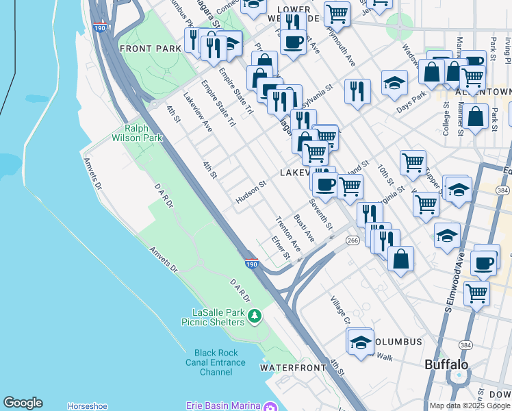 map of restaurants, bars, coffee shops, grocery stores, and more near 283 Efner St in Buffalo