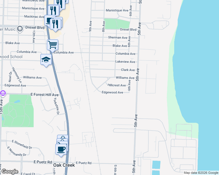 map of restaurants, bars, coffee shops, grocery stores, and more near 708 Edgewood Avenue in South Milwaukee