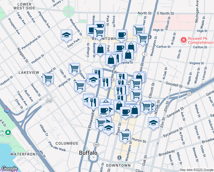map of restaurants, bars, coffee shops, grocery stores, and more near 354 Delaware Avenue in Buffalo