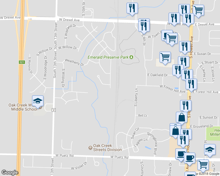 map of restaurants, bars, coffee shops, grocery stores, and more near 8299 South Wildwood Drive in Oak Creek