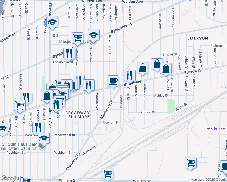 map of restaurants, bars, coffee shops, grocery stores, and more near 1201 Broadway in Buffalo