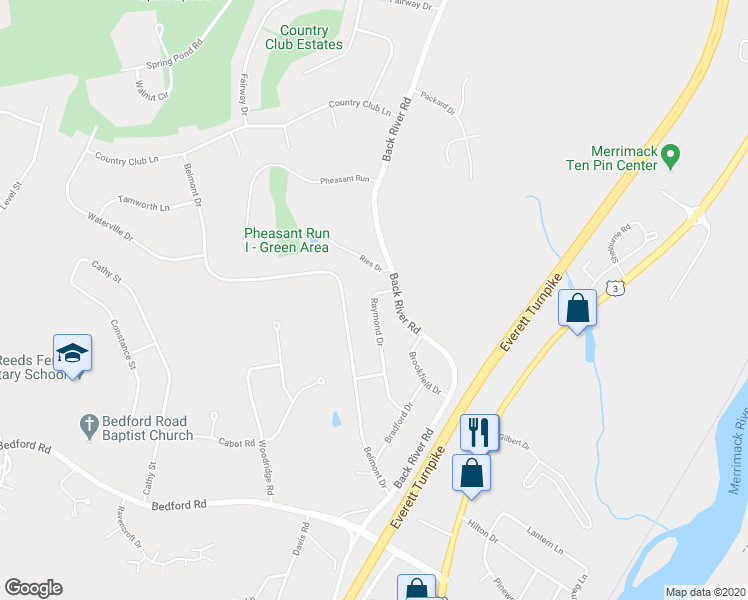 map of restaurants, bars, coffee shops, grocery stores, and more near 28 Raymond Drive in Merrimack