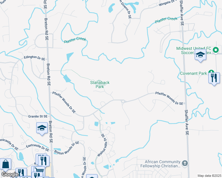 map of restaurants, bars, coffee shops, grocery stores, and more near 2791 Pfeiffer Woods Drive Southeast in Kentwood