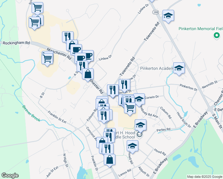 map of restaurants, bars, coffee shops, grocery stores, and more near Tsienneto Rd & Pinkerton St in Derry