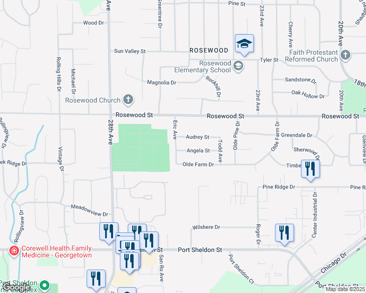 map of restaurants, bars, coffee shops, grocery stores, and more near 2530 Angela Street in Georgetown Township