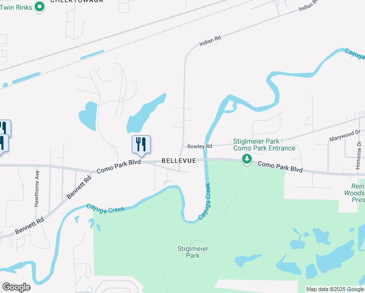 map of restaurants, bars, coffee shops, grocery stores, and more near Rowley Rd & Indian Rd in Cheektowaga