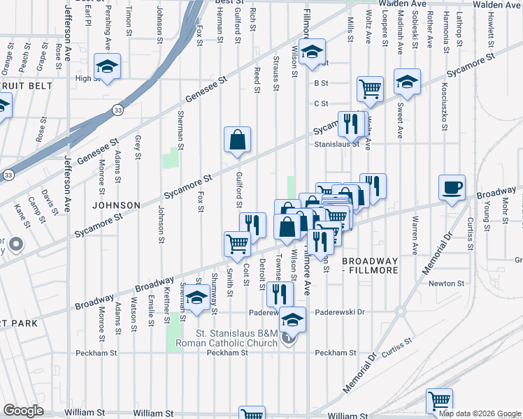 map of restaurants, bars, coffee shops, grocery stores, and more near 46 Strauss Street in Buffalo