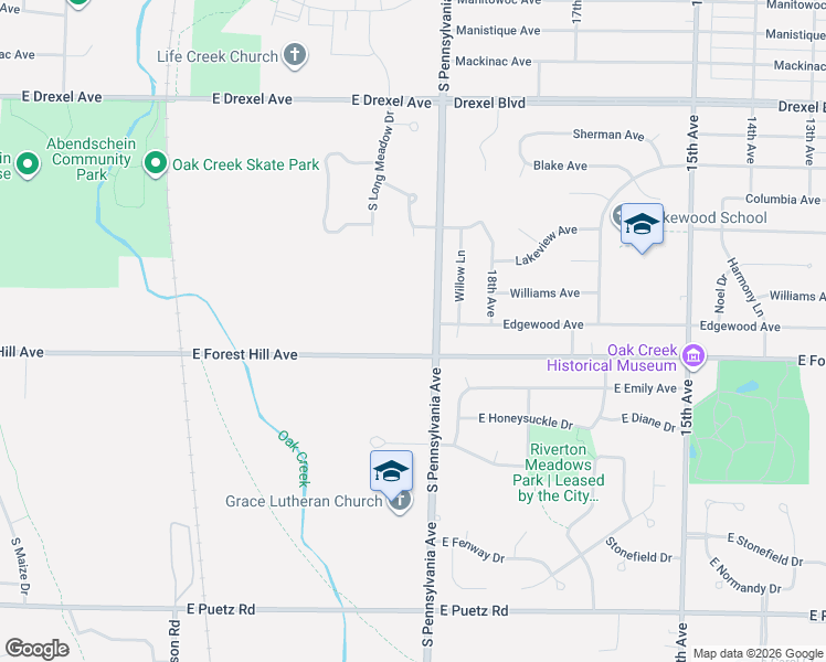 map of restaurants, bars, coffee shops, grocery stores, and more near 2226 East Forest Hill Avenue in Oak Creek