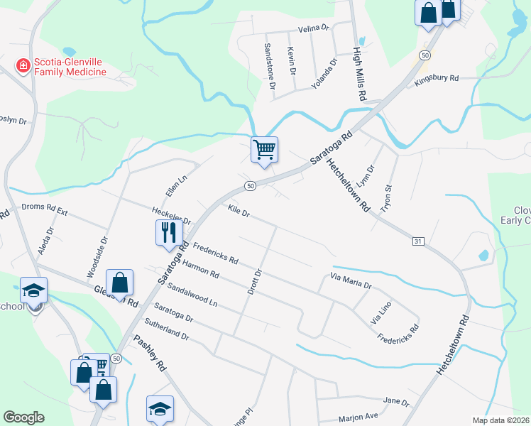 map of restaurants, bars, coffee shops, grocery stores, and more near 15 Kile Drive in Schenectady