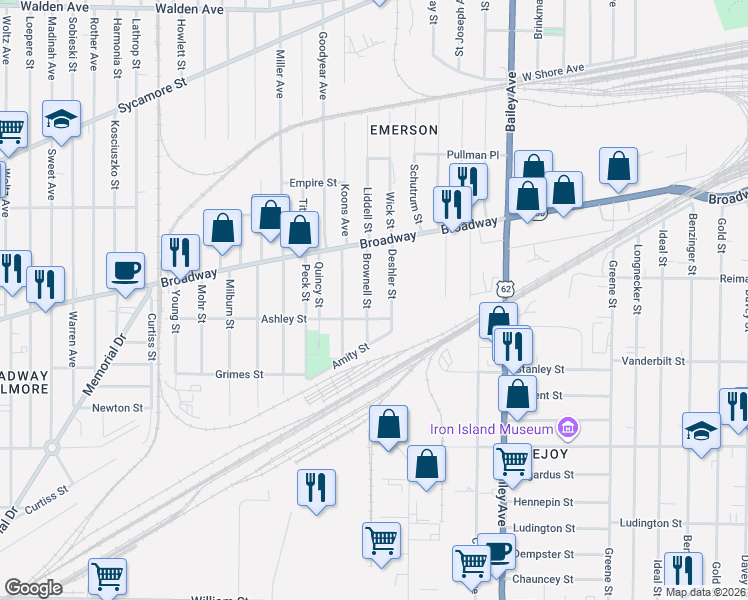 map of restaurants, bars, coffee shops, grocery stores, and more near 51 Brownell Street in Buffalo