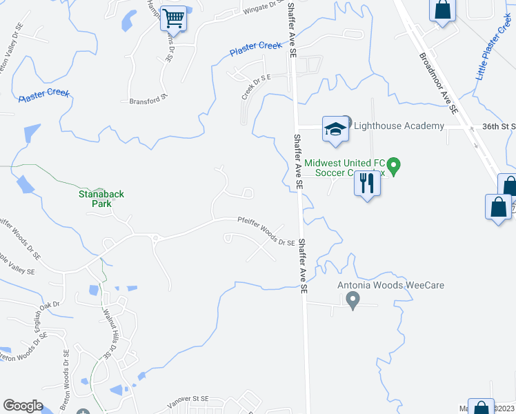 map of restaurants, bars, coffee shops, grocery stores, and more near 3076 Creek Way Court Southeast in Kentwood
