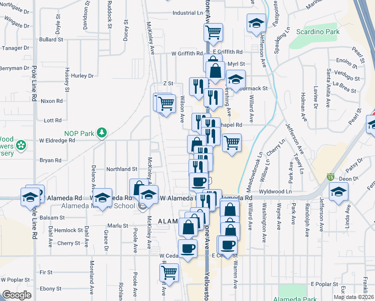 map of restaurants, bars, coffee shops, grocery stores, and more near 995 Wilson Avenue in Pocatello