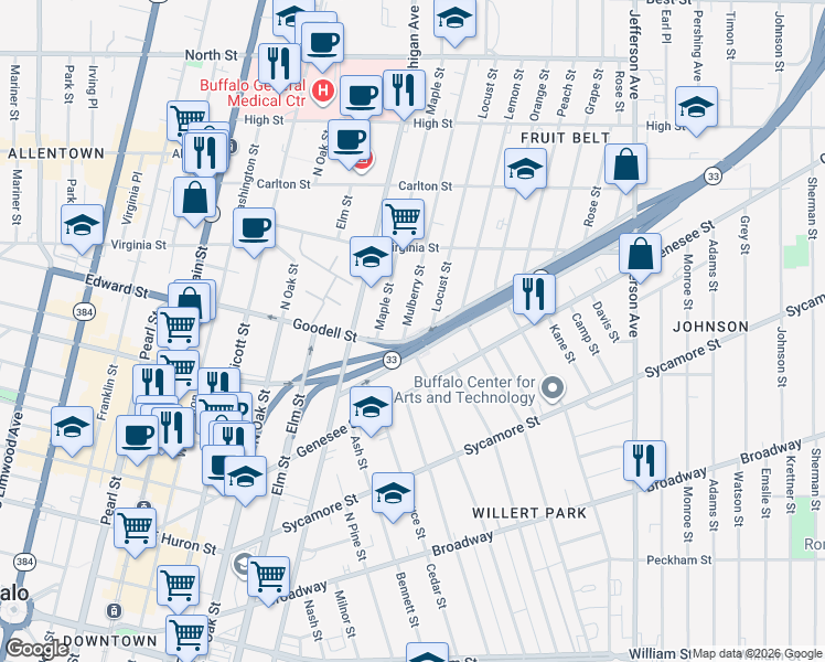 map of restaurants, bars, coffee shops, grocery stores, and more near 37 Mulberry Street in Buffalo