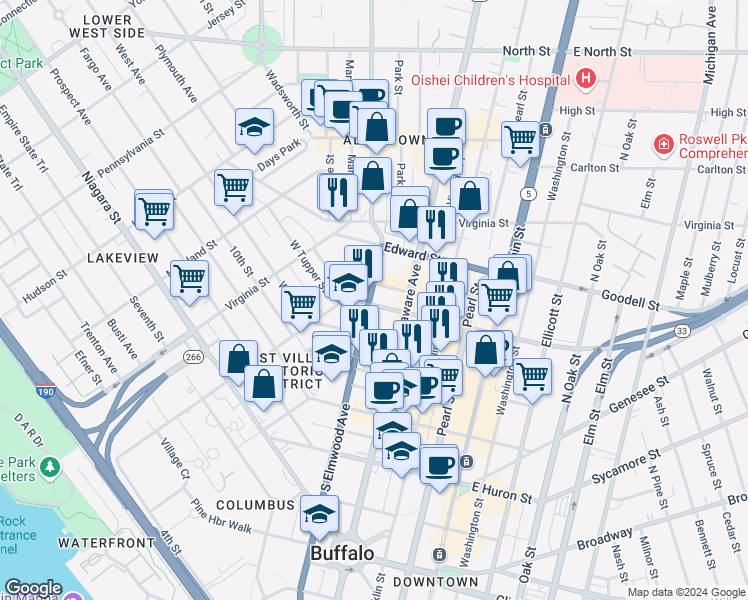 map of restaurants, bars, coffee shops, grocery stores, and more near 313 Carolina Street in Buffalo