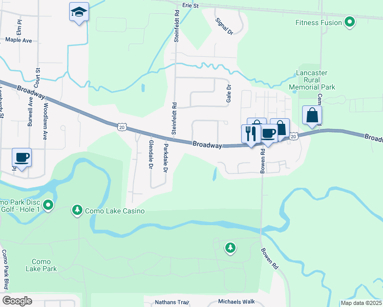 map of restaurants, bars, coffee shops, grocery stores, and more near 5755 Broadway in Lancaster