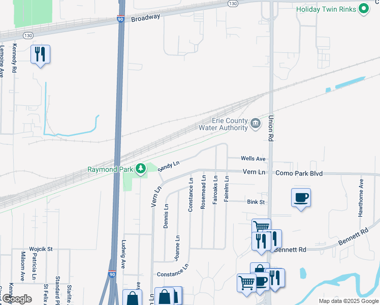 map of restaurants, bars, coffee shops, grocery stores, and more near 44 Sandy Lane in Buffalo