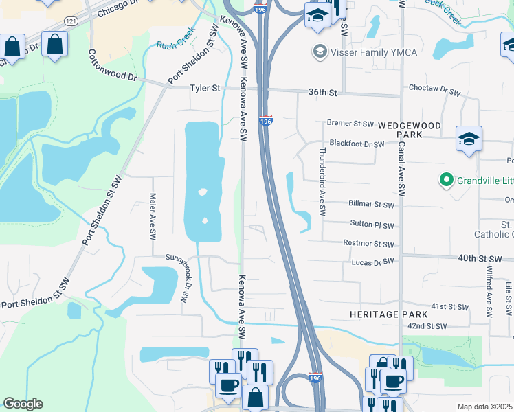map of restaurants, bars, coffee shops, grocery stores, and more near 3890 Kenowa Avenue Southwest in Grandville