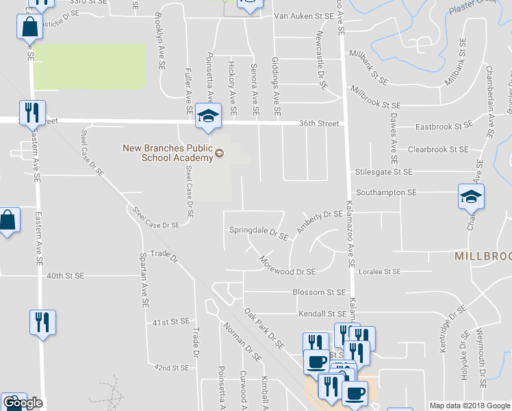 map of restaurants, bars, coffee shops, grocery stores, and more near 1349 Kimberly Drive Southeast in Grand Rapids