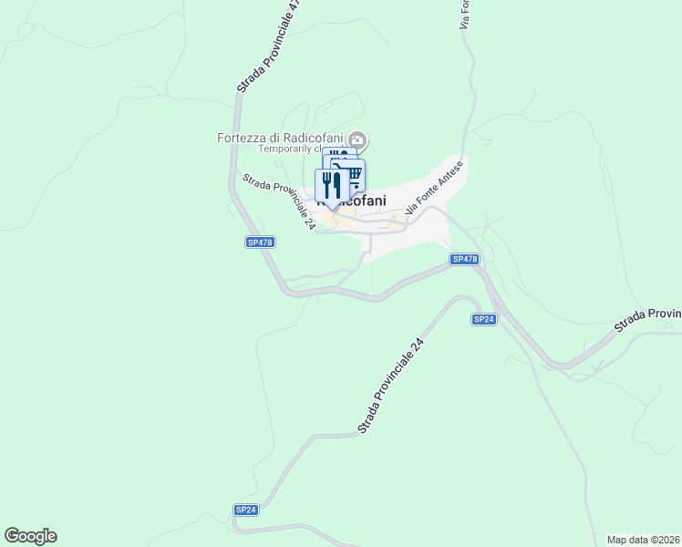 map of restaurants, bars, coffee shops, grocery stores, and more near 12 Strada Provinciale 478 in Radicofani