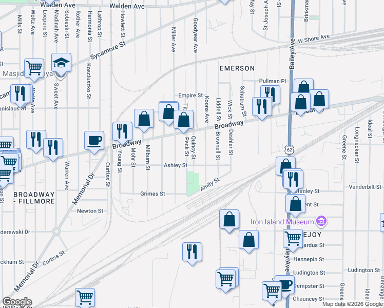 map of restaurants, bars, coffee shops, grocery stores, and more near 88 Quincy Street in Buffalo