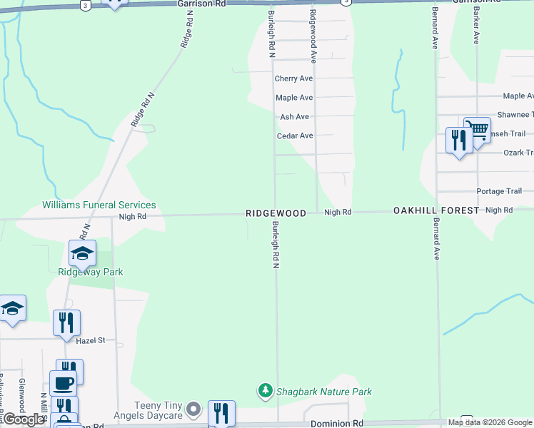 map of restaurants, bars, coffee shops, grocery stores, and more near 3340 Nigh Road in Fort Erie