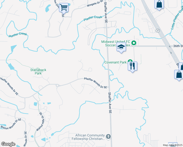 map of restaurants, bars, coffee shops, grocery stores, and more near 3076 Creek Way Court Southeast in Kentwood