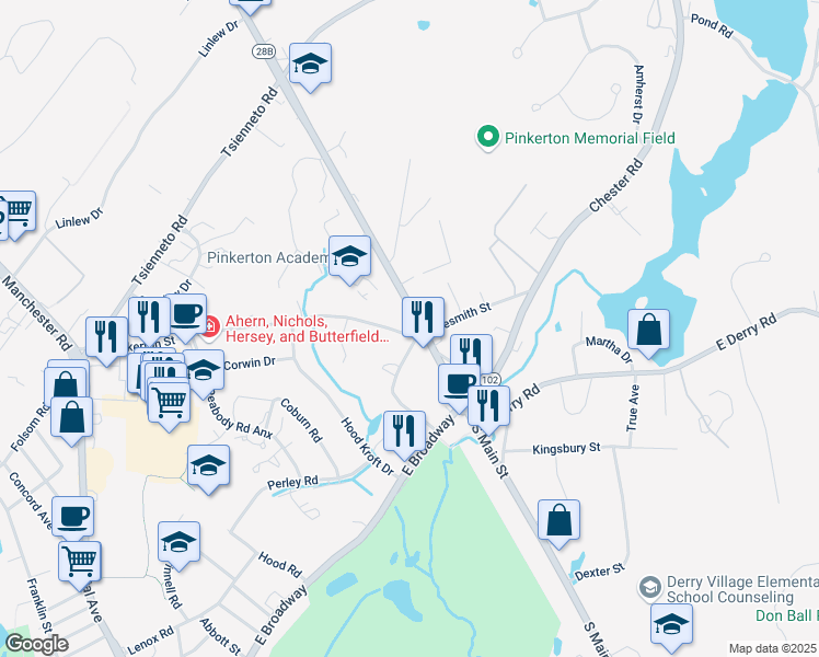 map of restaurants, bars, coffee shops, grocery stores, and more near 22 Crescent Street in Derry