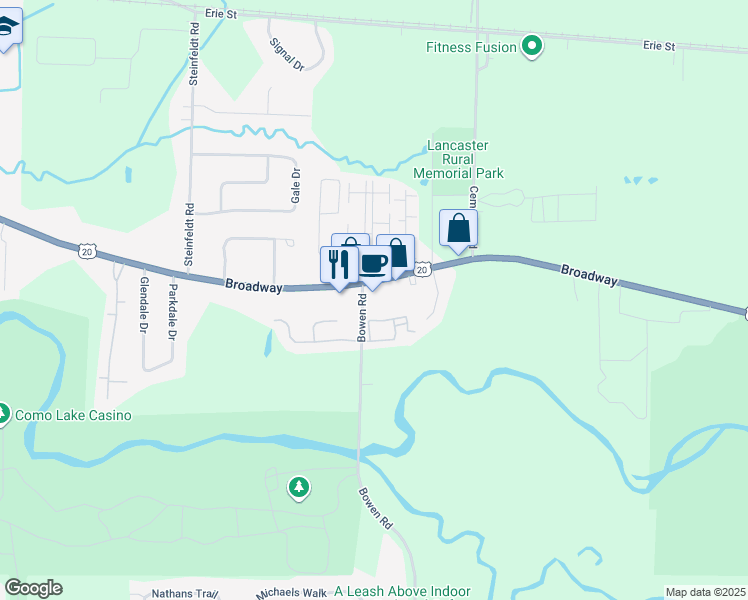 map of restaurants, bars, coffee shops, grocery stores, and more near 3905 Bowen Road in Lancaster